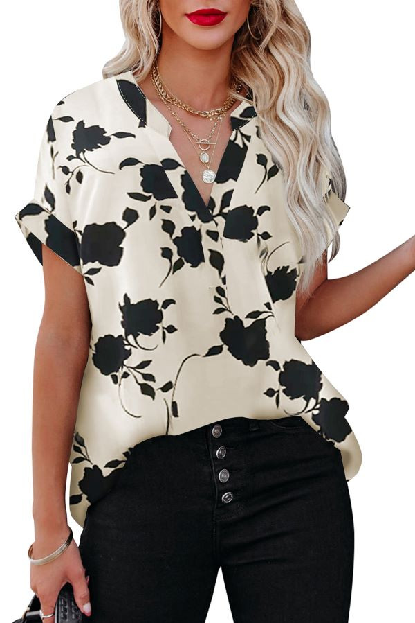 Cream-Black Floral Printed Short Sleeve Blouse