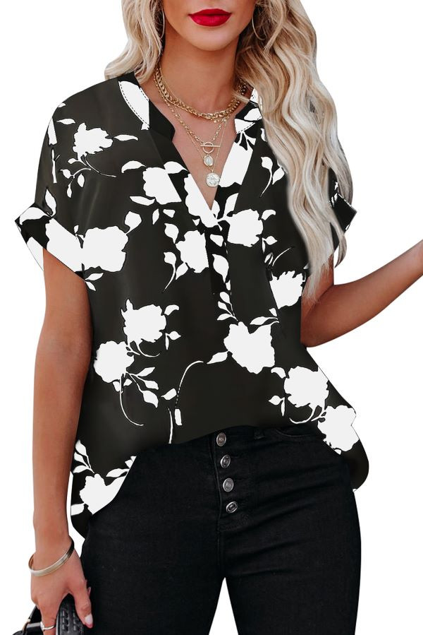 Black-Cream Floral Printed Short Sleeve Blouse