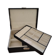 Black PU Leather Compact Double Layer Jewelry Storage Organizer with Lock