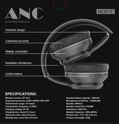 Active Noise Cancellation Headphones - 3D Stereo Foldable