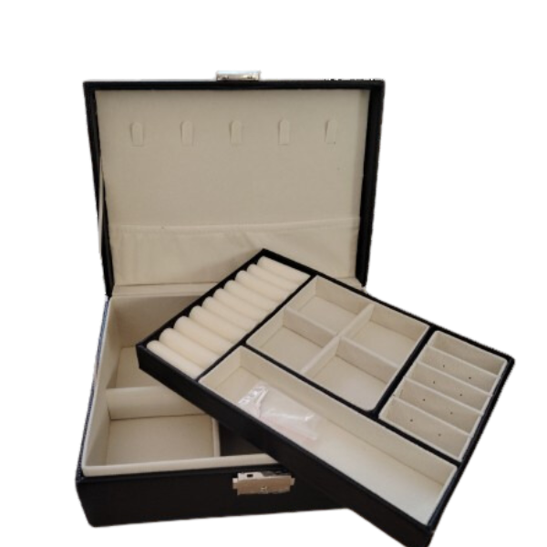 Black PU Leather Compact Double Layer Jewelry Storage Organizer with Lock